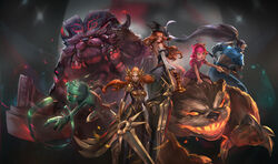  3boys 3girls amumu annie_(league_of_legends) black_hair breasts cglas chest_guard detached_sleeves gauntlets glowing green_eyes gun hair_ornament handgun highres holding holding_weapon horns large_breasts league_of_legends leona_(league_of_legends) long_hair medium_breasts miss_fortune_(league_of_legends) multiple_boys multiple_girls mummy orange_hair ornn photoshop_(medium) pink_hair ponytail red_hair shield standing sword tibbers weapon yasuo_(league_of_legends) 