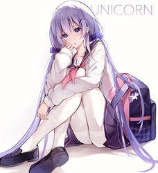  azur_lane backpack bag bag_charm cardigan character_name charm_(object) earrings female hair_ornament hair_scrunchie hand_on_leg highres jewelry long_hair official_alternate_costume open_mouth pantyhose pleated_skirt print_pantyhose purple_eyes purple_hair purple_skirt sailor sailor_collar school_uniform scrunchie shoes simple_background sitting skirt solo thighband_pantyhose twintails uchuunin unicorn unicorn_(azur_lane) unicorn_(long-awaited_date)_(azur_lane) unworn_backpack unworn_bag white_background white_cardigan white_pantyhose 