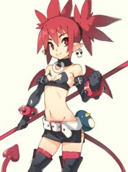  black_bra black_footwear black_gloves black_skirt boots bra breasts closed_mouth disgaea earrings elbow_gloves etna_(disgaea) female gloves highres jewelry looking_at_viewer makai_senki_disgaea miniskirt pencil_skirt pointy_ears red_eyes red_hair red_thighhighs short_hair simple_background skirt skull_earrings small_breasts smile solo studded_bracelet tail thigh_boots thighhighs thighhighs_under_boots twintails underwear vins-mousseux white_background zettai_ryouiki 