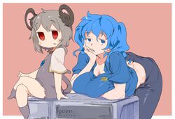  2girls 58.2kg animal_ear_fluff animal_ears best_buy black_pants blue_eyes blue_hair blue_shirt blush blush_stickers border breasts commentary_request cookie_(touhou) crystal dress dual_persona feet_out_of_frame full_body grey_dress grey_hair head_rest jewelry kawashiro_nitori kofji_(cookie) large_breasts leaning_forward looking_at_viewer medium_hair mouse_ears mouse_girl mouse_tail multiple_girls nazrin open_mouth outside_border pants pendant pink_background printer red_eyes shirt short_hair simple_background tail touhou two_side_up white_border 