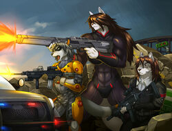  anthro assault_rifle blue_eyes breasts brown_eyes brown_hair bulletproof_vest canid canine canis clothed clothing detailed_background felid female fur g36 grey_body grey_fur group gun hair hi_res holding_object holding_weapon leopard link2004 m4 male mammal mask multicolored_body multicolored_fur muscular muscular_anthro muscular_female open_mouth pantherine raining ranged_weapon rifle rilfe tail tongue two_tone_body two_tone_fur weapon white_body white_fur wolf yellow_eyes 