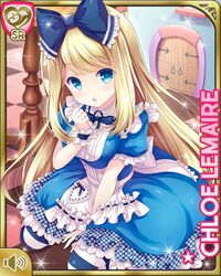  alice_(alice_in_wonderland) alice_(alice_in_wonderland)_(cosplay) alice_in_wonderland apron between_legs blonde_hair blue_dress blue_eyes bow breasts character_name checkered_floor chloe_lemaire cosplay door dress female girlfriend_(kari) hairbow hand_between_legs hand_to_own_mouth long_hair official_art open_mouth qp:flapper ribbon sitting solo striped_clothes striped_thighhighs table thighhighs waist_apron white_apron wrist_cuffs 