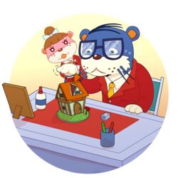  1:1 2020 alpha_channel animal_crossing anthro blue_body bodily_fluids clothing duo eyewear glasses humanoid_hands lottie_(animal_crossing) lyle_(animal_crossing) male mammal mustelid necktie nintendo otter pink_body shirt soyothenerd sweat topwear 