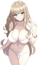  bikini blonde_hair blue_eyes blush bracelet breasts dolphin_wave female highres jewelry kirahoshi_kanna large_breasts long_hair looking_at_viewer navel simple_background smile solo surippa1010 swimsuit wavy_hair white_background white_bikini 