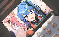  +_+ 2girls :d ahoge anemachi apron asymmetrical_hair baking baking_sheet black_shirt blue_hair blush commentary_request cookie dutch_angle earrings food gloves green_neckwear green_ribbons hair_between_eyes hair_bun hair_ornament hair_ribbon highres hololive hoshimachi_suisei hoshimachi_suisei_(casual) jewelry light_blue_hair long_hair looking_at_viewer medium_hair multiple_girls neck_ribbon open_mouth orange_gloves oven oven_mitts pink_hair portrait red_eyes ribbon shinomiya_shino_(sinosino141) shirt siblings side_ponytail single_hair_bun single_side_bun sisters smile sparkle star_(symbol) star_hair_ornament star_in_eye symbol_in_eye valentine virtual_youtuber wing_collar 