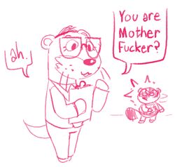  animal_crossing anthro bottomwear canid canine clipboard clothing dialogue duo english_text eyewear glasses hi_res holding_clipboard holding_object lyle_(animal_crossing) male mammal meme monochrome motherleeds mustelid nintendo otter pants parody pop_team_epic profanity raccoon_dog shirt tanuki text tom_nook_(animal_crossing) topwear 