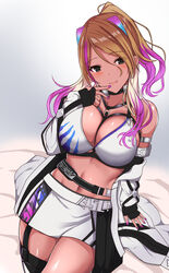  black_eyes blonde_hair blush breasts brown_hair cleavage dark-skinned_female dark_skin female fingerless_gloves gloves gradient_hair highres idolmaster idolmaster_shiny_colors izumi_mei jacket large_breasts long_hair long_sleeves looking_at_viewer multicolored_hair navel noeomi off_shoulder open_clothes open_jacket ponytail purple_hair smile solo streaked_hair thighhighs thighs 