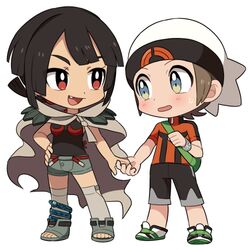  1boy bag black_hair blush breasts brendan_(pokemon) brown_hair cape commentary_request female full_body grey_eyes hat holding_hands lowres oerba_yun_fang pokemon pokemon_oras red_eyes remotarou short_shorts shorts sidelocks simple_background small_breasts standing white_background white_headwear zinnia_(pokemon) 