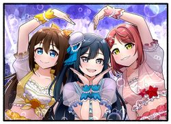  3girls azuna_(love_live!) black_hair blue!_(love_live!) blue_eyes brown_hair bubble collarbone commentary_request grey_eyes hair_ornament hair_ribbon half_updo hat highres long_hair looking_at_viewer love_live! love_live!_nijigasaki_high_school_idol_club medium_hair multiple_girls one_side_up orange_hair osaka_shizuku ribbon sidelocks ska.harumi smile twitter_username uehara_ayumu upper_body yellow_eyes yuki_setsuna_(love_live!) 