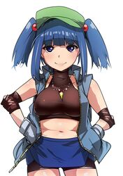  adapted_costume bad_id bad_twitter_id bare_shoulders belly bike_shorts blue_eyes blue_hair blue_jacket blue_skirt blunt_bangs breasts cabbie_hat closed_mouth collarbone contrapposto cowboy_shot crop_top elbow_pads female green_hat hair_bobbles hair_ornament hand_in_pocket hands_on_own_hips hat highres hyudora jacket jewelry kawashiro_nitori light_blush lips looking_at_viewer medium_breasts midriff navel necklace open_clothes open_jacket short_hair_with_long_locks simple_background skirt sleeveless sleeveless_jacket smile solo touhou two_side_up white_background 