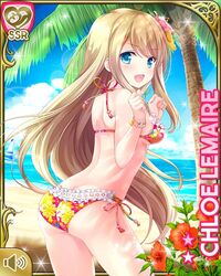  arms_up ass beach bikini blonde_hair blue_eyes bracelet breasts character_name chloe_lemaire clenched_hands cloud day female floral_print flower from_behind girlfriend_(kari) hair_flower hair_ornament jewelry long_hair looking_back ocean official_art open_mouth outdoors palm_tree print_bikini qp:flapper shirt side-tie_bikini_bottom sideboob sky smile solo swimsuit thighs tree white_shirt 