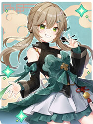  black_sleeves border bow breasts cleavage_cutout clothing_cutout cowboy_shot dress female green_bow green_dress green_eyes grin hair_between_eyes hair_ornament hairclip hand_up highres honkai:_star_rail honkai_(series) layered_clothes layered_skirt light_brown_hair long_sleeves looking_at_viewer miniskirt outside_border qingque_(honkai:_star_rail) rori_(tukiguri) shoulder_cutout skirt small_breasts smile solo sweater tassel turtleneck turtleneck_sweater twintails v white_border white_skirt wide_sleeves 