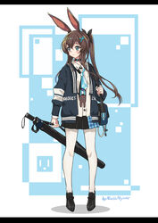  amiya_(arknights) animal_ears arknights bag blue_eyes blush breasts brown_hair choker commentary female full_body hair_between_eyes hair_ornament hairclip highres jacket long_hair necktie north_abyssor photoshop_(medium) pleated_skirt ponytail rabbit_ears school_bag school_uniform skirt small_breasts solo white_legwear 