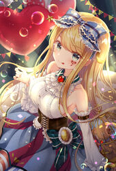  arm_belt balloon bare_shoulders birdcage blonde_hair blue_bow blue_eyes bow breasts brooch cage collared_shirt detached_sleeves emu_alice facial_mark female frilled_bow frilled_shirt frills gold_trim gomano_rio hairbow heart heart_balloon highres jewelry liver_city long_hair long_skirt long_sleeves looking_at_viewer medium_breasts photoshop_(medium) shirt skirt smile solo stuffed_animal stuffed_toy teddy_bear tongue tongue_out underbust white_shirt 