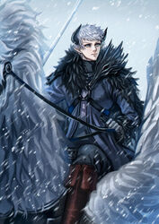  1boy black_horns blue_eyes boots brown_footwear commentary_request fur_trim gloves highres horns leon_the_southern_conquest_general maia86_(rs0273) male_focus outdoors pixiv_fantasia pixiv_fantasia_last_saga reins riding snowing solo 