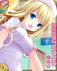  blonde_hair blue_eyes breasts character_name chloe_lemaire dress female girlfriend_(kari) hat hospital intravenous_drip long_hair motion_blur nurse nurse_cap official_art open_mouth pink_dress pink_hat qp:flapper short_sleeves shouting solo upper_body 