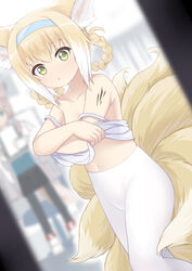  2girls :o absurdres animal_ear_fluff animal_ears arknights bad_id bad_pixiv_id bare_shoulders black_legwear black_skirt blonde_hair blue_hairband blurry blurry_background braid braided_hair_rings brown_hair caibao_return camisole chinese_commentary collarbone commentary_request depth_of_field fox_ears fox_tail green_eyes hair_between_eyes hair_rings hairband high-waist_pantyhose highres indoors kitsune kyuubi looking_at_viewer material_growth multicolored_hair multiple_girls multiple_tails navel no_pants oripathy_lesion_(arknights) pantyhose parted_lips shirt skirt solo_focus sussurro_(arknights) suzuran_(arknights) tail twin_braids two-tone_hair undressing white_camisole white_hair white_pantyhose white_shirt 