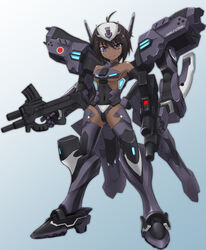  breasts brown_hair cosplay cowlick dark-skinned_female dark_skin dual_wielding female gun hiwa_industry holding holding_gun holding_weapon looking_at_viewer mecha_musume muv-luv muv-luv_alternative muv-luv_total_eclipse purple_eyes small_breasts smile solo standing tarisa_manandal underboob weapon xfj-01a_shiranui xfj-01a_shiranui_(cosplay) 