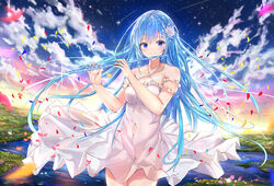  arm_garter bare_shoulders blue_eyes blue_hair breasts circle_skirt clothing_cutout cloud cowboy_shot criss-cross_halter dress emori_miku falling_leaves female floating_clothes flute gradient_sky grass halter_dress halterneck highres holding holding_instrument instrument leaf liver_city long_hair looking_at_viewer medium_breasts na_kyo navel navel_cutout outdoors photoshop_(medium) plain shooting_star sky sleeveless sleeveless_dress smile solo star_(sky) starry_sky very_long_hair water white_dress 