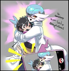  absurd_res anthro big_breasts breasts clothing coat dr._voir duo eyewear female gardevoir generation_3_pokemon gesture glasses hand_gesture hi_res hug human lab_coat male male/female mammal nano_(nanosheep) nintendo pokemon pokemon_(species) selfie shiny_pokemon topwear v_sign zacianswords 