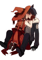  1boy back_bow bad_end black_eyes black_gloves black_jacket bow braid brown_hair chinese_commentary commentary_request dress empty_eyes expressionless face-to-face female fins fish_tail frilled_dress frills full_body funamusea fur-trimmed_jacket fur_trim gloves hai_oukami hair_between_eyes hands_on_another&#039;s_cheeks hands_on_another&#039;s_face hat hat_bow highres jacket jewelry kneeling long_hair long_sleeves looking_at_another necklace oounabara_to_wadanohara open_clothes open_jacket partial_commentary red_eyes red_gloves red_headwear sailor_dress samekichi_(funamusea) shark_fin shark_tail sideways_mouth simple_background sitting sleeveless sleeveless_dress smile spoilers straight tail twin_braids wadanohara wadanohara_(red_sea) white_background witch witch_hat 