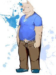  2011 3:4 anthro belly bottomwear canid canine canis clothing domestic_dog humanoid_hands kemono launcher_r male mammal overweight overweight_anthro overweight_male pants shirt solo topwear 