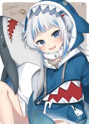  :d animal_costume animal_hood blue_eyes blue_hair blue_hoodie blunt_bangs dakuryuu female fins fish_tail gawr_gura gawr_gura_(1st_costume) grey_hair highres hololive hololive_english hood hoodie light_blush looking_at_viewer medium_hair multicolored_hair open_mouth shark_costume shark_girl shark_hood shark_tail sharp_teeth signature sitting sleeves_past_wrists smile solo streaked_hair stuffed_animal stuffed_toy tail teeth two_side_up upper_teeth_only virtual_youtuber wide_sleeves 