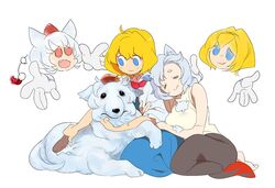  2girls 58.2kg alice_margatroid animal_ears barefoot black_skirt blonde_hair blue_dress blue_eyes breasts brushing closed_eyes closed_mouth commentary_request cookie_(touhou) dress dual_persona full_body hat inubashiri_momiji inubashiri_momiji_(wolf) looking_at_animal medium_breasts multiple_girls shiny_skin shirt short_hair simple_background sitting skirt sleeveless sleeveless_shirt smile tokin_hat touhou web_(cookie) white_background white_hair white_shirt wolf_ears 