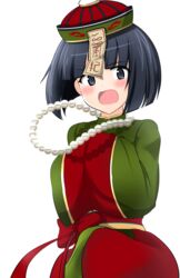  absurdres aikir_(jml5160) alternate_costume black_eyes black_hair blunt_bangs blunt_ends blush bob_cut chinese_clothes commentary female frown girls_und_panzer girls_und_panzer_senshadou_daisakusen! hat high_collar highres jewelry jiangshi_costume long_sleeves looking_at_viewer necklace ofuda open_mouth pearl_necklace qingdai_guanmao sash short_hair simple_background solo sono_midoriko standing two-tone_dress two-tone_headwear upper_body white_background wide_sleeves 