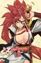  absurdres baiken breasts commentary edpan english_commentary eyepatch female forehead_tattoo glint grin guilty_gear highres holding holding_sword holding_weapon japanese_clothes katana kimono large_breasts looking_at_viewer mouth_hold obi red_eyes red_hair rope sanpaku sash scabbard sheath shimenawa smile solo stalk_in_mouth sword tassel unsheathing weapon 