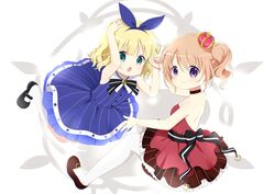  2girls alternate_costume blonde_hair blue_dress brown_hair dress full_body gochuumon_wa_usagi_desu_ka? holding_hands hoto_cocoa kirima_syaro looking_at_viewer multiple_girls pantyhose rabbit-hinata red_dress short_dress short_hair sleeveless sleeveless_dress socks strapless strapless_dress white_pantyhose white_socks 