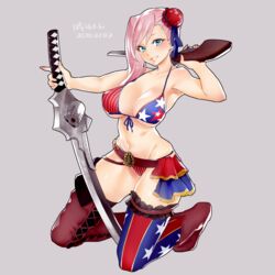  american_flag american_flag_bikini american_flag_legwear american_flag_print armpits belt bikini blue_eyes boots breasts cleavage commentary_request dual_wielding fate/grand_order fate_(series) female flag_print grey_background grin hair_bun highres holding katana looking_at_viewer miyamoto_musashi_(fate) miyamoto_musashi_(swimsuit_berserker)_(fate) miyamoto_musashi_(swimsuit_berserker)_(second_ascension)_(fate) navel poriuretan print_bikini purple_hair simple_background single_hair_bun smile solo swimsuit sword thigh_boots thighhighs weapon 