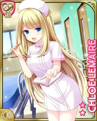  bed blonde_hair blue_eyes character_name chloe_lemaire dress female girlfriend_(kari) hat hospital hospital_bed indoors leaning_forward long_hair notebook nurse nurse_cap official_art open_mouth outstretched_hand pantyhose pen pink_dress pink_hat qp:flapper short_dress short_sleeves smile solo white_pantyhose window 