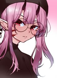  closed_mouth commission facial_mark female glasses highres horns long_hair looking_at_viewer original pink_hair pointy_ears pon_fresh round_eyewear solo upper_body 