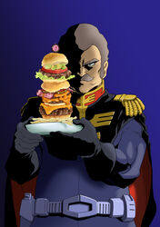  1boy brown_hair burger food gundam highres holding holding_tray looking_at_viewer male_focus mobile_suit_gundam official_art one_eye_covered promotional_art ral_meshi:_ramba_ral_no_haitoku_gohan ramba_ral shadow solo straight-on tani_kazuya too_much_burger tray uniform zeon 