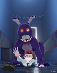  absurd_res all_fours animatronic anthro bonnie_(fnaf) captured clothing cody_nightguard duo five_nights_at_freddy&#039;s green_eyes hair hi_res human humanoid iamshadxw imminent_rape lagomorph leporid machine male mammal nightguard pinned pinned_arms pinned_to_ground rabbit red_eyes robot scared scottgames short_story spiky_hair story story_in_description trapped uniform varaart 