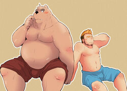  2011 anthro bear belly blush bottomwear bulge closed_eyes clothing duo human humanoid_hands kemono launcher_r male male/male mammal moobs overweight overweight_male shorts simple_background sitting 