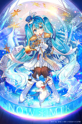  beamed_eighth_notes beamed_sixteenth_notes blue_eyes blue_hair blue_headwear blue_jacket blush boots brown_legwear commentary eighth_note epaulettes female gloves gradient_hair hair_between_eyes hair_ornament hairclip hanekoto hat hatsune_miku head_tilt highres holding holding_instrument horn_(instrument) instrument jacket knee_boots knees_together_feet_apart long_hair long_sleeves looking_at_viewer mini_hat mini_shako_cap multicolored_hair musical_note pantyhose pleated_skirt rabbit rabbit_yukine sitting skirt snowflakes tilted_headwear twintails very_long_hair vocaloid white_footwear white_gloves white_skirt x_hair_ornament yuki_miku yuki_miku_(2020) 