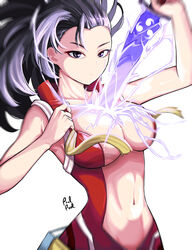  absurdres artist_name black_eyes black_hair boku_no_hero_academia breasts cleavage cowboy_shot expressionless female genshin_impact highres human_scabbard large_breasts long_hair looking_at_viewer musou_isshin_(genshin_impact) navel ponytail poolpool solo sword weapon white_background yaoyorozu_momo 