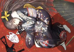  bad_id bad_pixiv_id black_gloves blue_kimono brown_eyes bullet commentary_request female fingerless_gloves floral_print fur_trim girls&#039;_frontline gloves grey_hair guchagucha gun hair_ribbon japanese_clothes kimono long_hair looking_at_viewer lying mask official_alternate_costume on_side print_kimono red_background ribbon scar scar_across_eye scar_on_face simple_background smile solo submachine_gun tabi umbrella ump45_(girls&#039;_frontline) ump45_(lonely_traveler_of_eternity)_(girls&#039;_frontline) weapon 