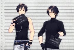  2boys bare_shoulders belt black_gloves black_hair black_shirt blue_belt chains closed_mouth commentary_request covered_collarbone covered_navel cutout_gloves gloves hand_on_own_hip height_chart height_difference hira_(daphne) holding long_sleeves looking_at_viewer male_focus mole mole_under_eye multiple_boys original pants partially_fingerless_gloves red_eyes shirt shirt_tucked_in short_hair sleeveless sleeveless_shirt smile upper_body white_pants 