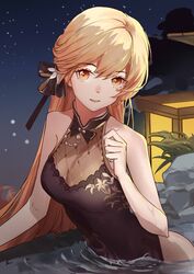  black_ribbon blonde_hair breasts china_dress chinese_clothes commentary dress female girls&#039;_frontline hair_ribbon long_hair looking_at_viewer medium_breasts night official_alternate_costume open_mouth ots-14_(girls&#039;_frontline) ots-14_(sangria_succulent)_(girls&#039;_frontline) partially_submerged ribbon sao7 sky sleeveless sleeveless_dress solo star_(sky) starry_sky upper_body yellow_eyes 