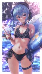  absent absurdres ass_visible_through_thighs beret bikini black_bikini blue_choker blue_eyes blue_hair blurry blurry_background blush border breasts choker closed_mouth cowboy_shot crown cup disposable_cup drinking_straw female frilled_bikini frills gloves groin hat highres holding holding_cup holding_swim_ring hololive hoshimachi_suisei innertube looking_at_viewer mini_crown navel partially_fingerless_gloves plaid side_ponytail small_breasts smile solo star_(symbol) star_choker stomach swim_ring swimsuit thigh_strap thighs virtual_youtuber wet white_border 