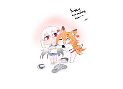  2girls absurdres animal_ears chibi closed_eyes fox_ears fox_girl fox_tail highres long_hair looking_at_another multiple_girls orange_hair original pon_fresh red_eyes tail white_hair 