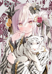  biting biting_own_finger black_flower black_ribbon blush brown_eyes chinese_zodiac closed_mouth dot_nose female flower frilled_sleeves frills grey_hair hair_between_eyes hair_bun hair_flower hair_ornament hair_ribbon happy_new_year holding hoshino_koucha japanese_clothes kanoko_(pattern) kanzashi kimono long_hair long_sleeves looking_at_viewer new_year original ribbon ringlets seigaiha shippou_(pattern) single_side_bun solo striped_clothes striped_kimono tiger tsumami_kanzashi upper_body year_of_the_tiger 