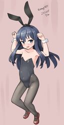  absurdres akatsuki_(kancolle) animal_ears badge black_hair black_leotard black_pantyhose bunny_pose dated female flat_chest full_body grey_eyes highres kantai_collection leotard maru_(marg0613) mary_janes one-hour_drawing_challenge pantyhose pink_background playboy_bunny rabbit_ears red_footwear shoes solo strapless strapless_leotard twitter_username wrist_cuffs 