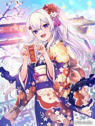  :d blush cherry_blossoms copyright_name dot_nose female floral_print flower flower_knot gradient_hair hair_between_eyes hair_flower hair_ornament holding holding_paper japanese_clothes kimono long_hair long_sleeves looking_at_viewer multicolored_hair nail_polish natsuiro_xx nyarlathotep_(teikoku_senki) obi oerba_yun_fang omikuji open_mouth outdoors paper ponytail purple_eyes purple_hair purple_ribbon red_flower red_nails ribbon sash sidelocks smile solo standing star_(symbol) tassel teikoku_senki tentacle torii very_long_hair white_hair wide_sleeves 