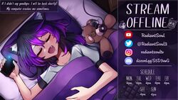  animal_ears black_hair cat_ears cat_girl cellphone closed_eyes collarbone commission drooling facing_viewer female gradient_hair long_hair lying multicolored_hair oerba_yun_fang on_back open_mouth original phone pon_fresh purple_hair saliva sleeping smartphone smile solo 