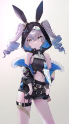  animal_ears animal_hood arin_(1010_ssu) barcode barcode_tattoo bare_shoulders black_gloves black_jacket black_shorts bronya_zaychik bronya_zaychik_(haxxor_bunny) drill_hair female gloves grey_eyes grey_hair hair_between_eyes half_gloves highres honkai_(series) honkai_impact_3rd hood hoodie jacket looking_at_viewer navel rabbit_ears shorts smile solo tattoo twin_drills 