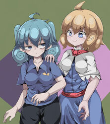  2girls ahoge alice_margatroid bags_under_eyes best_buy black_pants blonde_hair blue_dress blue_eyes blue_hair blue_shirt breasts capelet closed_mouth collared_shirt commentary_request cookie_(touhou) cowboy_shot dress hair_between_eyes hand_on_another&#039;s_shoulder kawashiro_nitori kofji_(cookie) looking_at_another looking_to_the_side medium_breasts medium_hair multiple_girls pants red_neckwear red_sash sash shirt short_hair smile touhou two_side_up wadachi_(nicoseiga25631355) web_(cookie) white_capelet 